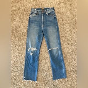 Mother Rider Ripped High Waist Ankle Straight Leg Jeans